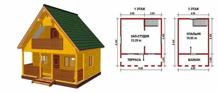 Проект каркасного дома 6х6 двухэтажный с чертежами Проекты дачных домов под ключ: с верандой и мансандрой Домашняя мода, Хижины дом