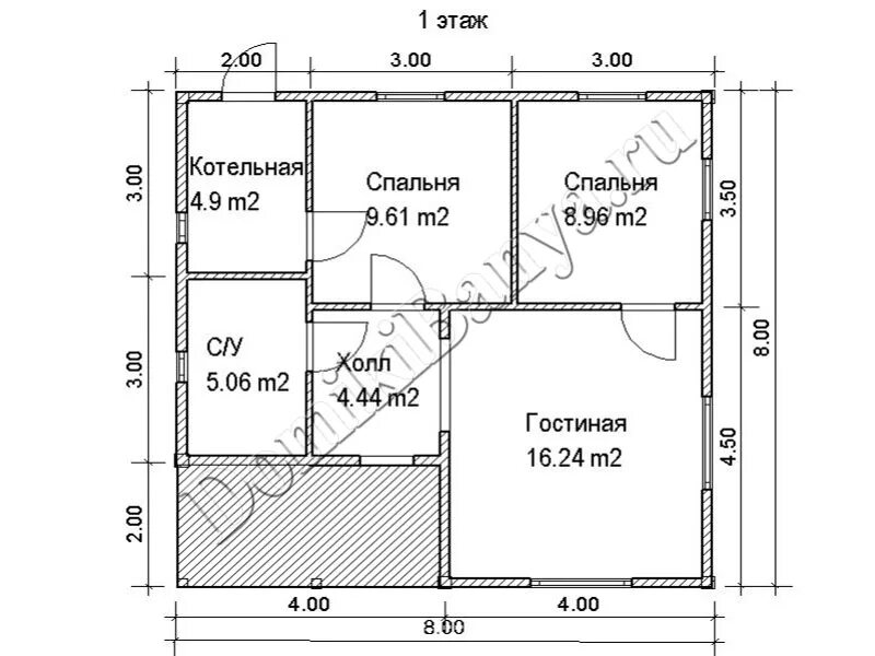 Проект каркасного дома 8х8 одноэтажный с чертежами Одноэтажный дом 8х8 каркасный с террасой № 26