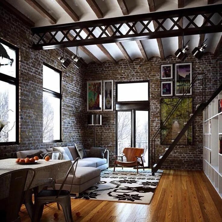 Проект комнаты в стиле лофт This loft had me immediately captured with the exposed brick! What do you like a