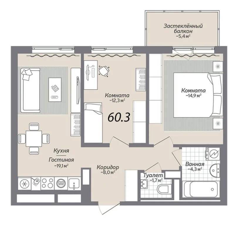 Проект квартиры 60 кв м фото Новостройки, стоимость - 5 730 000 руб. общая площадь 60.3 м2, кухня 19.1 м2