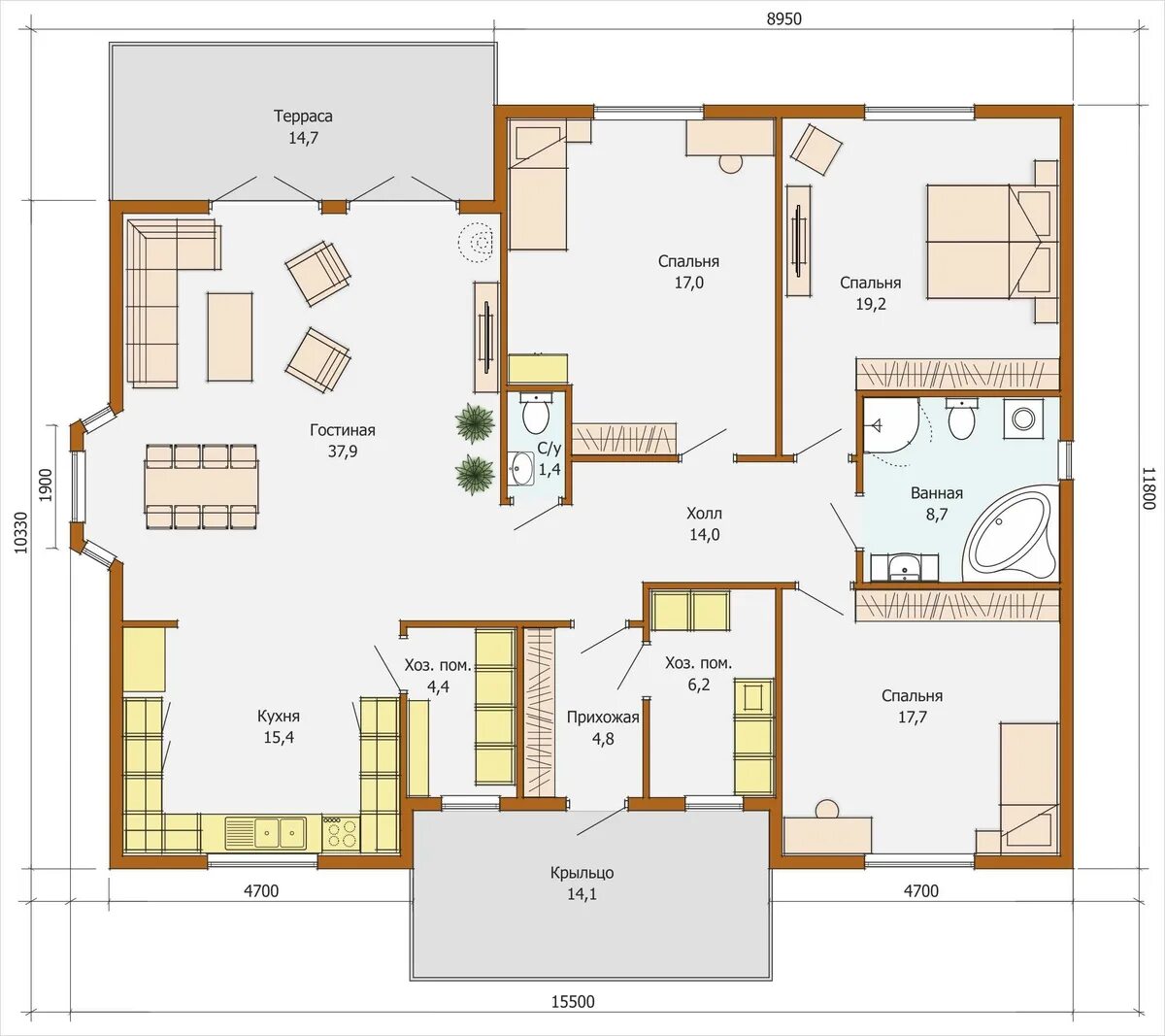 Bungalow Haus modern Grundriss mit Walmdach Architektur & 5 Zimmer - Winkelbunga