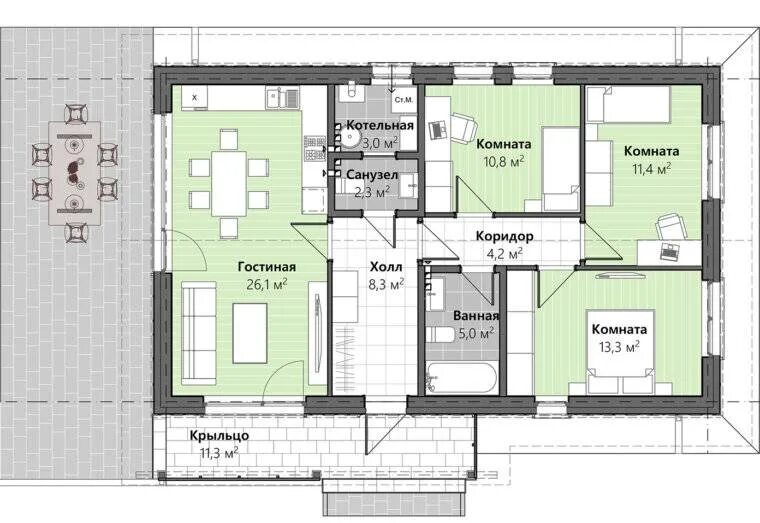 Проект дома C-109 (6/6) Проект одноэтажного дома в европейском стиле от Houses10