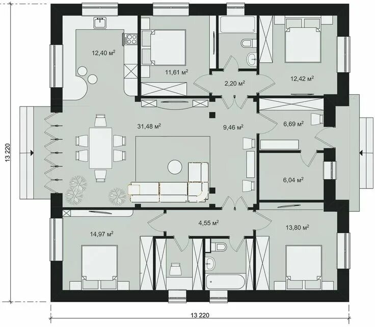 Проект планировки дома 120 кв БАТАЙСК 136 м2 - проект простого квадратного одноэтажного дома 13х14 на 4 спальн