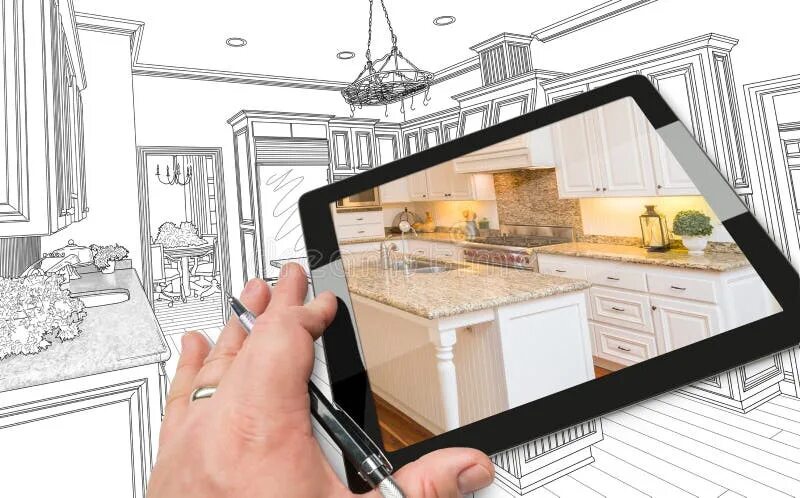 Проект по теме дизайнер интерьера Hand on Computer Tablet Showing Photo of Kitchen Drawing Behind. Stock Image - I