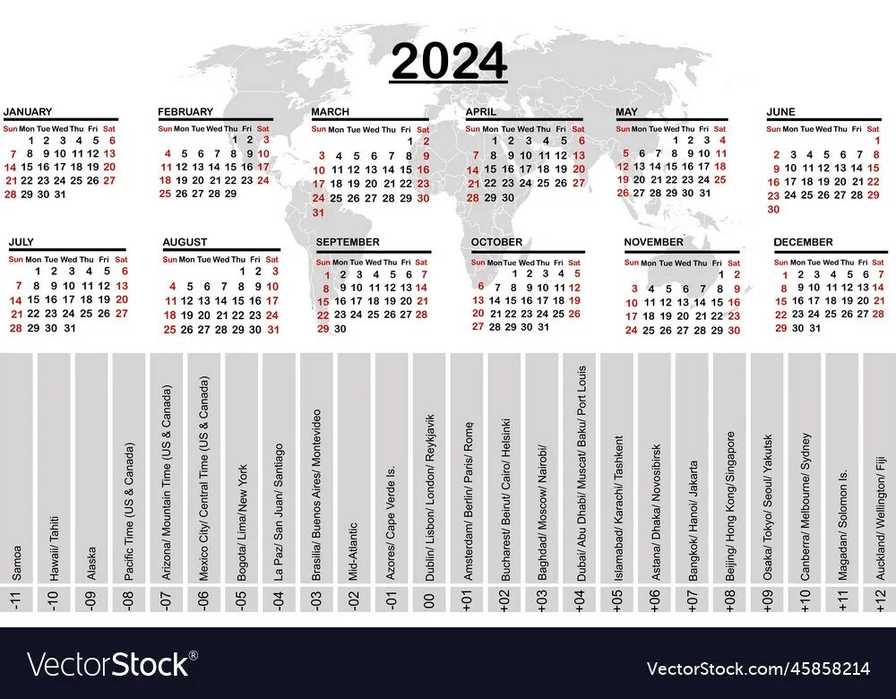 Проект производственного календаря на 2025 2024 calendar with world map and time zones Vector Image