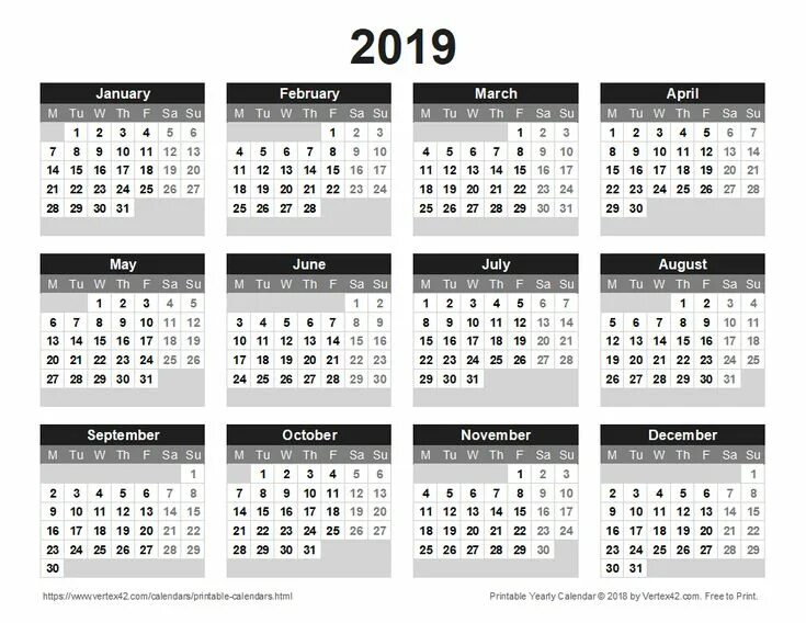 Проект производственного календаря на 2025 Download a free Printable 2019 Yearly Calendar from Vertex42.com 2017 yearly cal