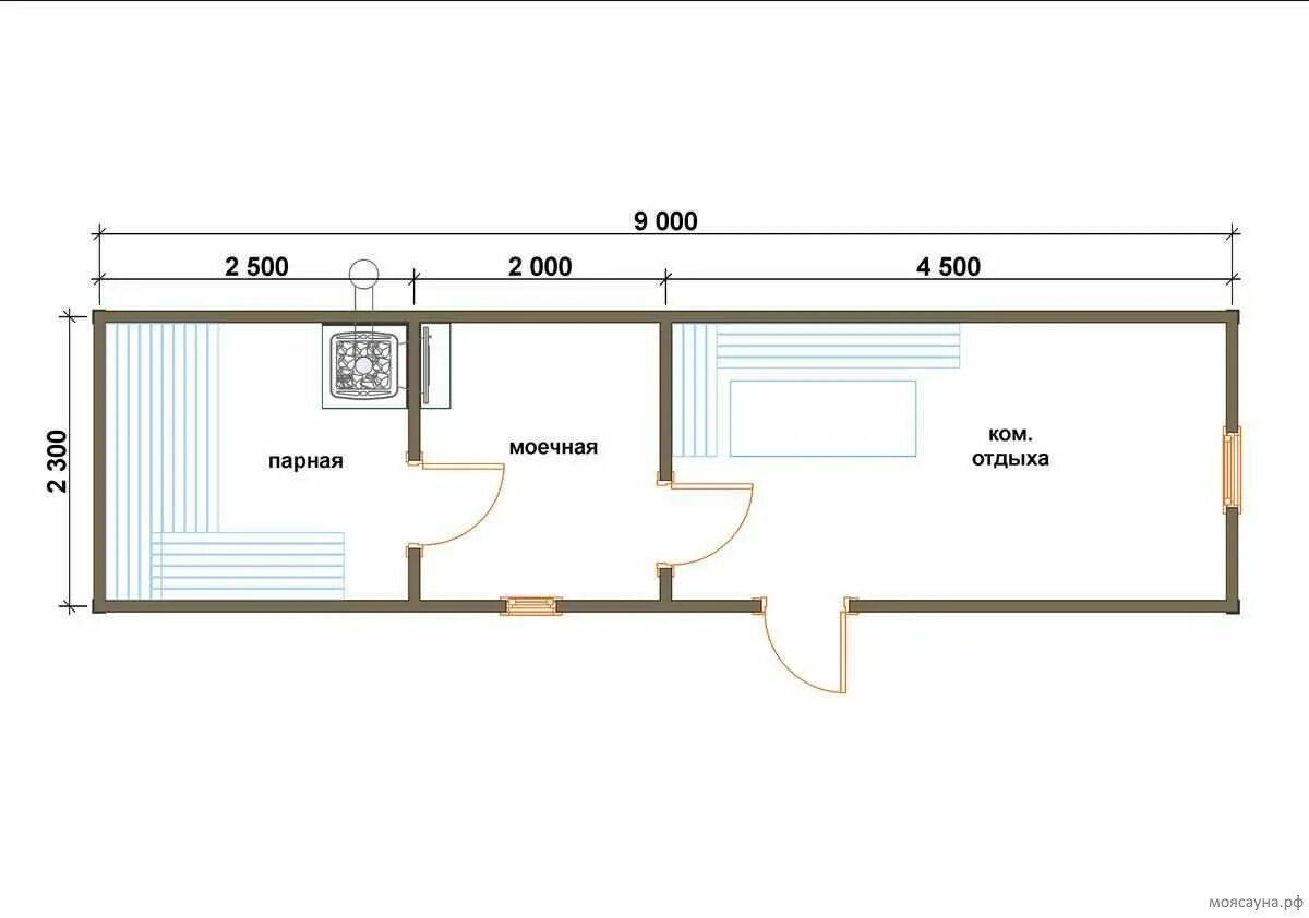 Проект узкой бани фото Готовая баня 9.0x2.3 "Иртыш" - моясауна.рф
