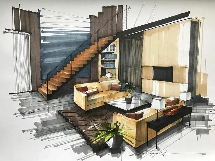 Проектирование дизайнером интерьера помещения Interior Design Color Sketches Interior design sketches, Interior design drawing