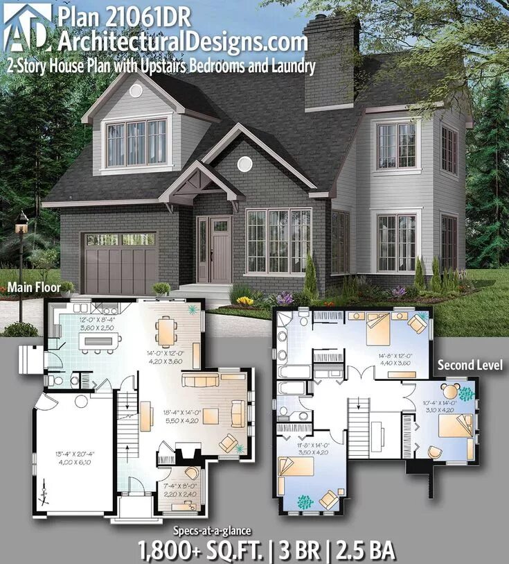 Проекты американских домов с планировками Plan 21061DR: 2-Story House Plan with Upstairs Bedrooms and Laundry House bluepr