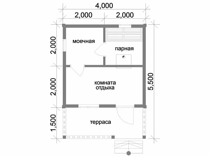 Проекты бань 4х4 фото Проект и планировка бани 4х4 метра с террасой из сухого бруса 140х140 мм бани-ба