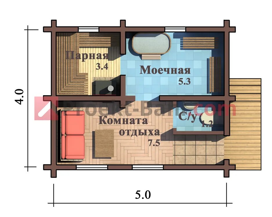 Проекты бань 4х4 фото Проект бани 4х5 HeatProf.ru