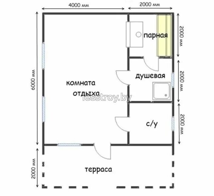 Проекты бань 6х4 из пеноблоков с планировкой Купить баню проект 07 в Минске недорого