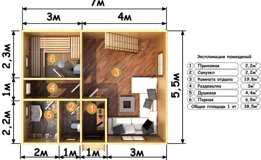 Проекты бани фото планировка Дом-Баня из бруса 5,5 x 7 м цена под ключ в Новосибирске проект ДБ-2