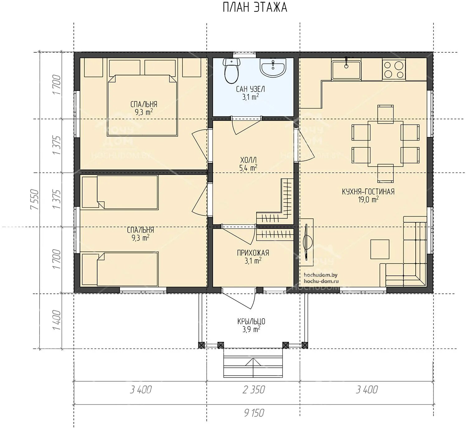 Проекты дома 9 9 фото Проект каркасного дома ДК-1 Каркасный дом 6х9 (60м²)