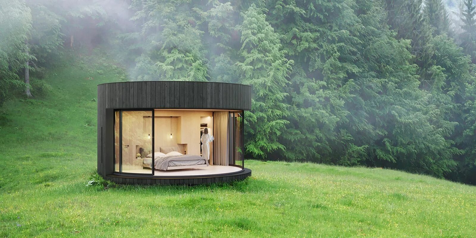 Проекты домиков фото This circular cabin opens straight onto the landscape - The Spaces Prefab cabins