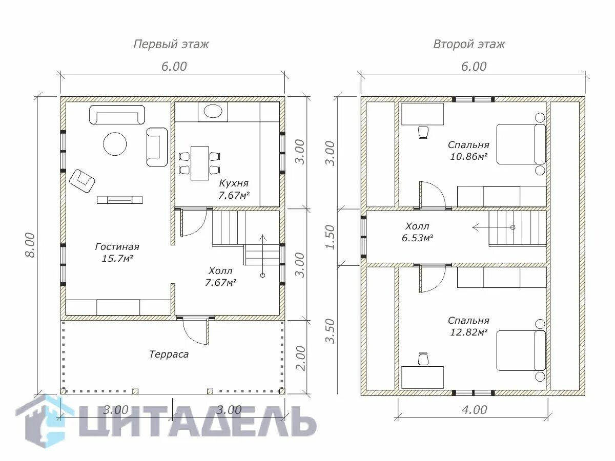 Проекты домов 6 8 двухэтажный фото Каркасно-щитовой дом 6х8 ДК4