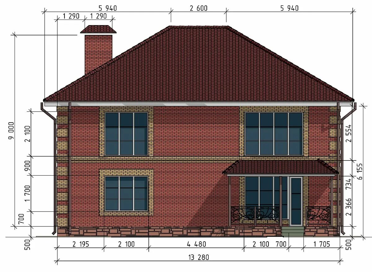 Проекты домов из кирпича чертежи фото Двухэтажный кирпичный дом 12 х 13 м. площадью 230 м² (планы + фасады с подробным