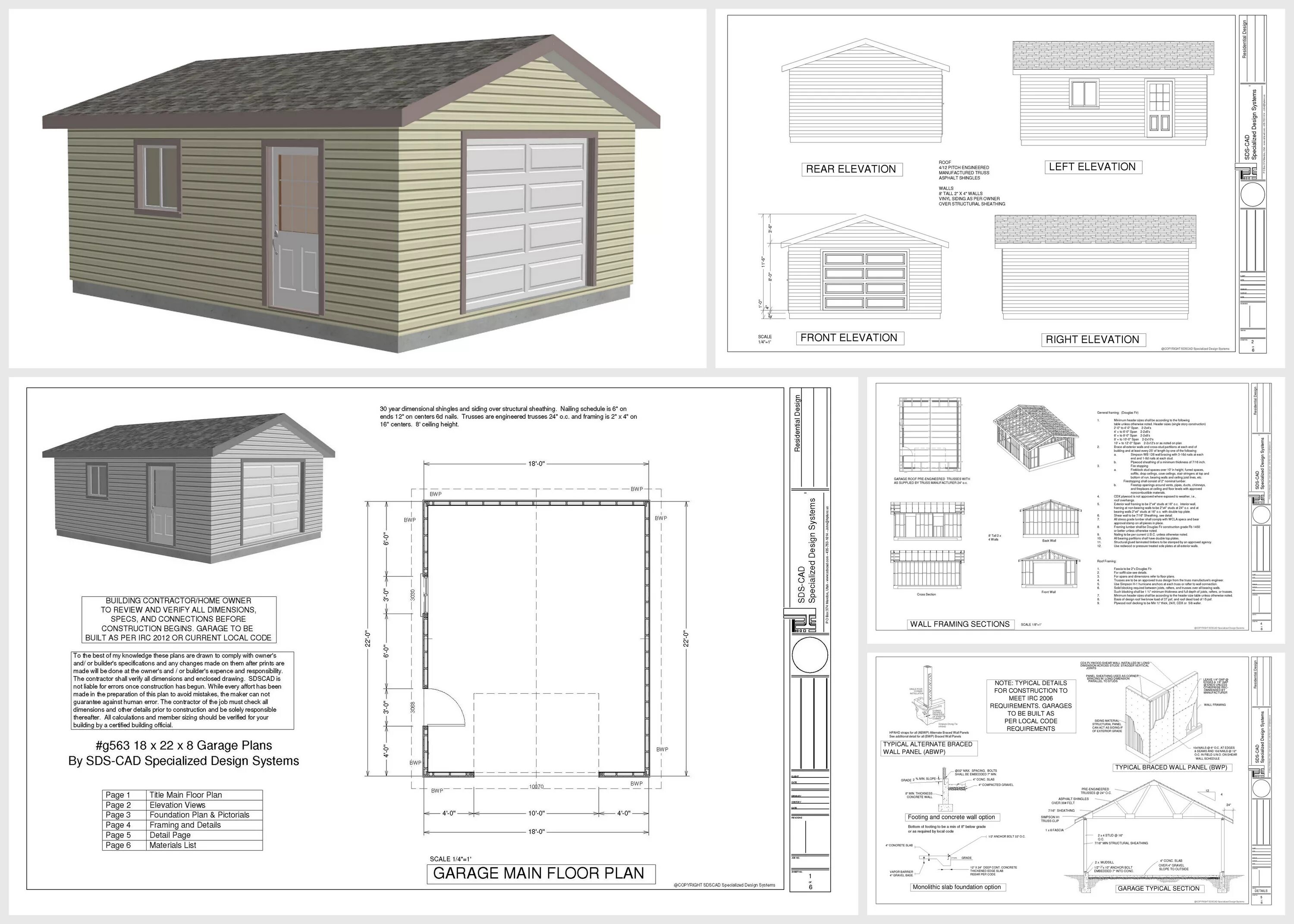 Проекты гаражей бесплатно чертежи и фото #g563 18 x 22 x 8 Garage Plans in PDF and DWG