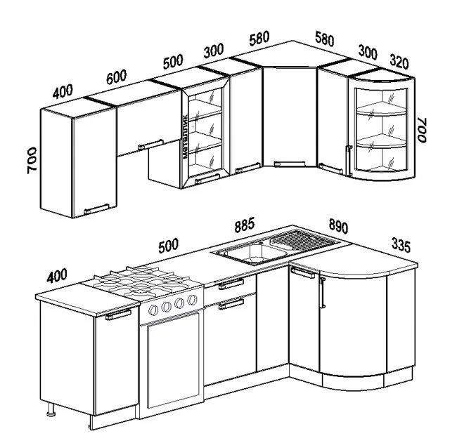 Проекты кухонных гарнитуров с размерами угловые фото Кухонный гарнитур Классика угловой 1230х1785 с гнутыми фасадами купить недорого 