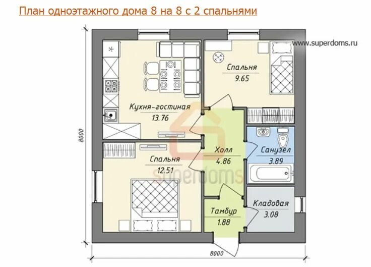 Проекты одноэтажных домов 8х8 планировка Проект одноэтажного дома 8х8 фото - DelaDom.ru