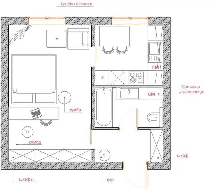 Дизайн интерьера квартиры-студии с спальней-1 Studio apartment floor plans, Apar