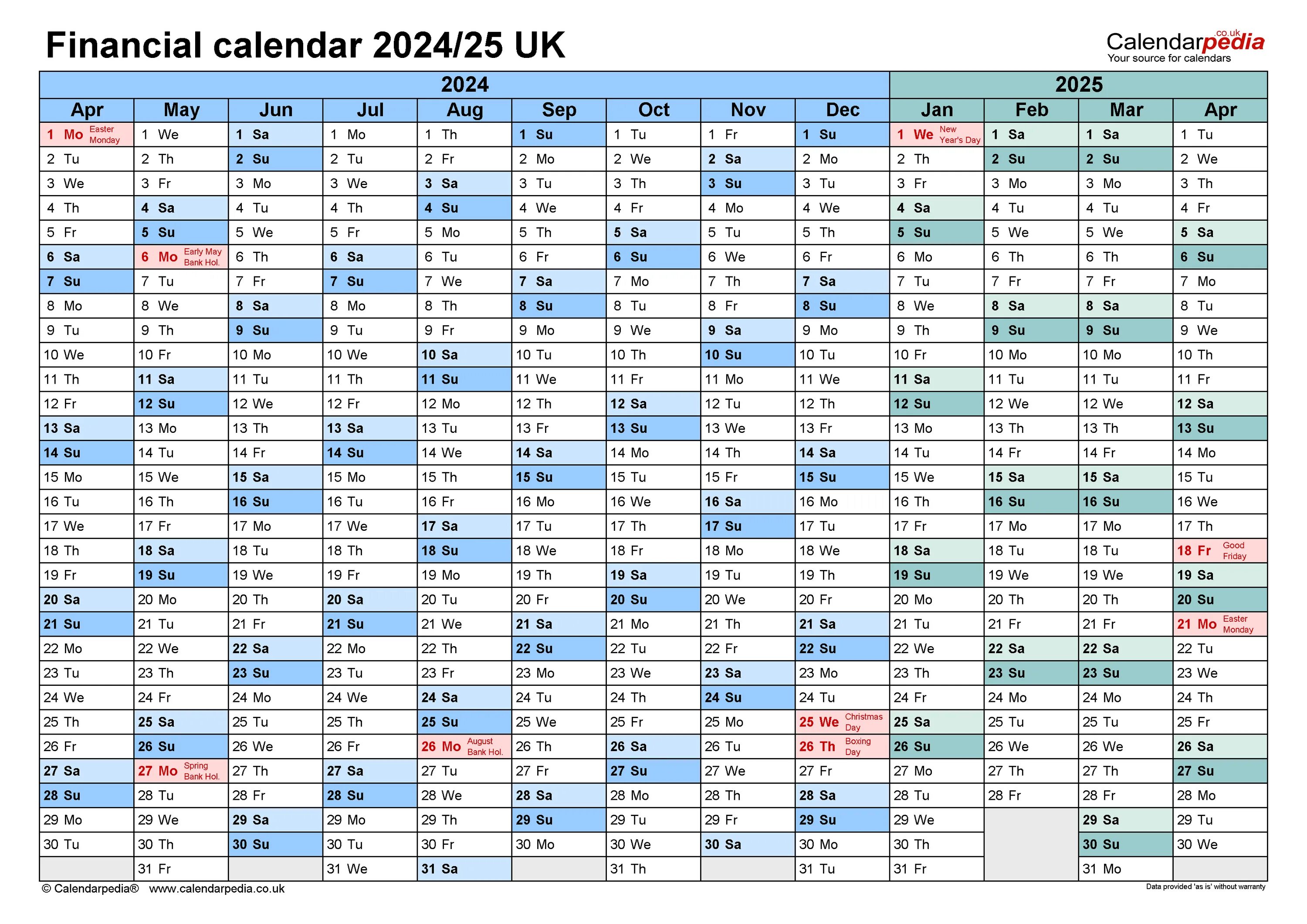 Проф календарь на 2024 год Financial calendars 2024/25 UK in Microsoft Excel format