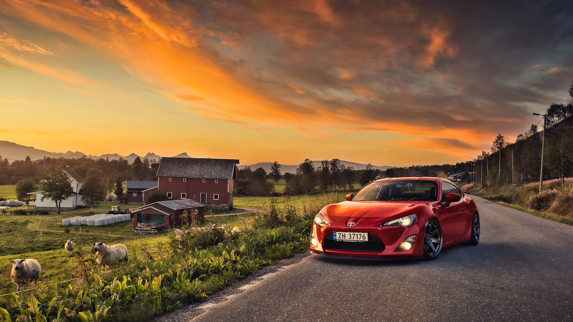 Профессиональные фото авто Red Toyota GT86 on a rural highway Desktop wallpapers 1280x1024