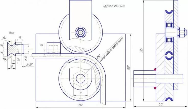 Профильный трубогиб своими руками чертежи с размерами Чертеж трубогиба с прижимным роликом Чертежи, Трубы, Самодельный
