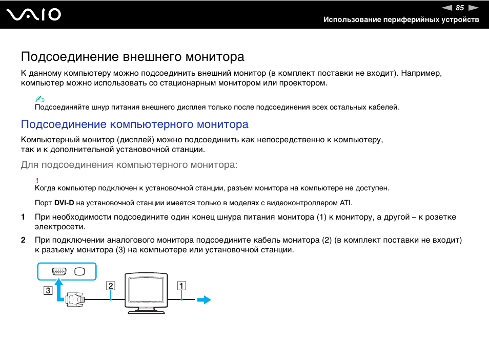 Программа для подключения внешних устройств Подсоединение внешнего монитора, Подсоединение компьютерного монитора Инструкция