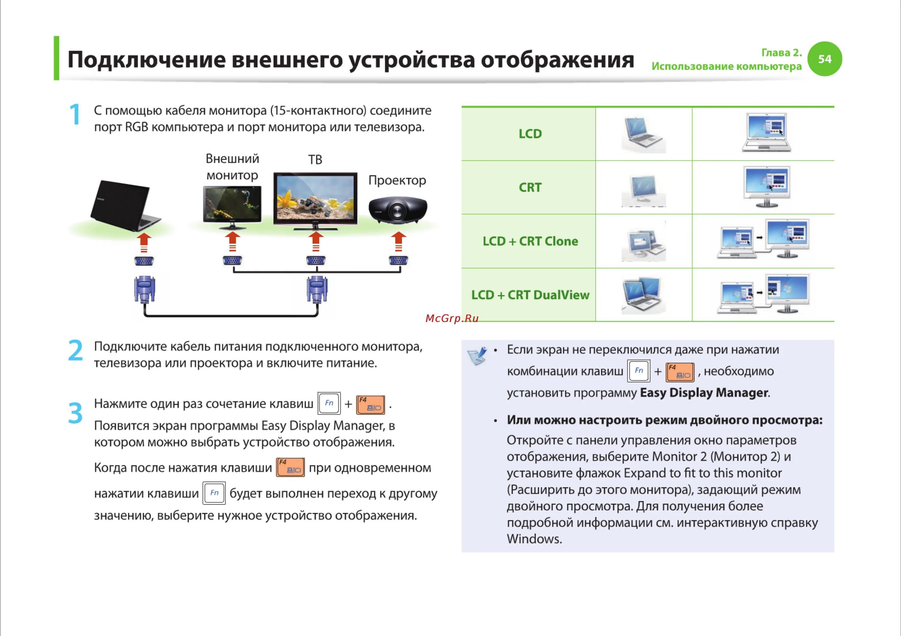 Программа для подключения внешних устройств Samsung R525-JT09 54/142 Подключение внешнего устройства отображения