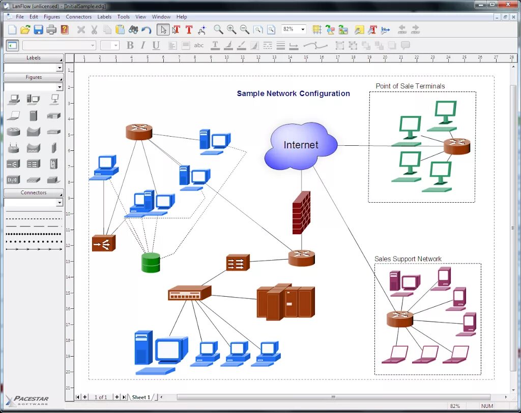 Программа для рисования схемы локальной сети План локальной сети предприятия, скачать LanFlow FREE Trial