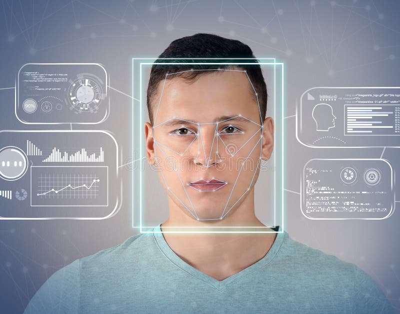 Программа распознавания лиц по фото онлайн Facial Recognition System. Man with Scanner Frame on Face, Information Stock Ima