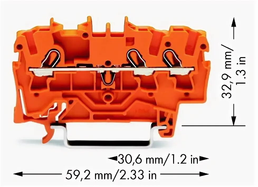 Проходная клемма 2 точки подключения 2002-1302 WAGO Клемма пружинная 2.5мм², 3-х проводная / 1-уровневая, оранжевая ц