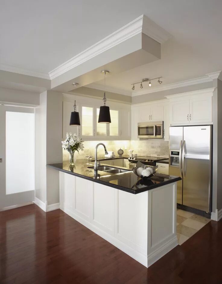 Проходная кухня в частном доме планировка Transitional kitchen design by LUX Design with white cabinets Transitional kitch