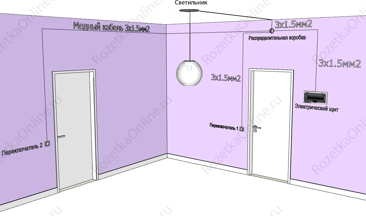 Проходная проводка схема Схема электропроводки проходного выключателя