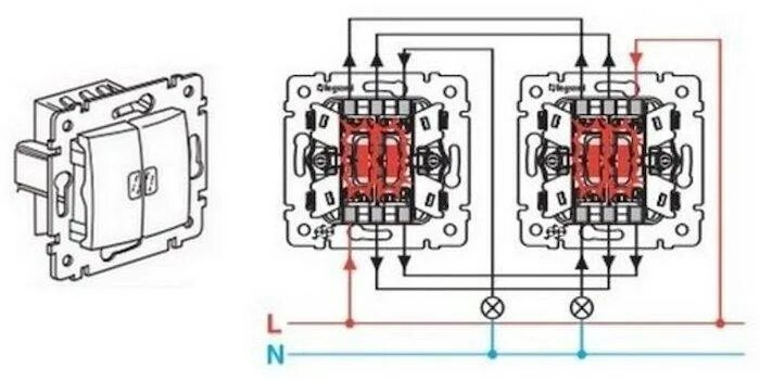 Проходной двухклавишный legrand схема подключения Выключатель проходной - что это такое, схемы подключения, принцип работы