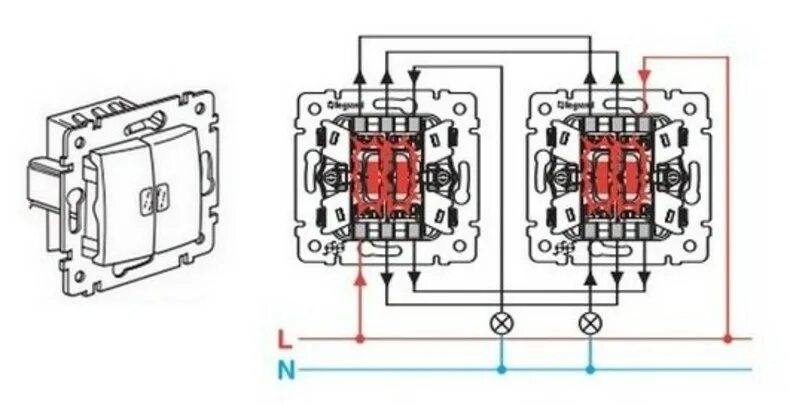 Проходной двухклавишный выключатель легран схема подключения Двухклавишный проходной выключатель: устройство схема подключения советы по монт