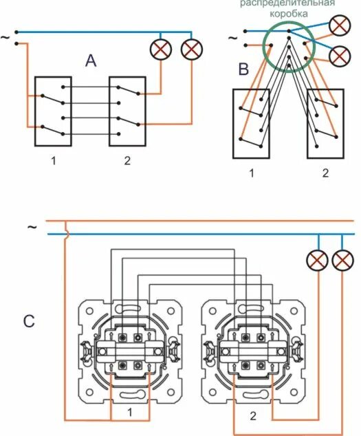 Проходной переключатель двухклавишный схема подключения на 2 Проходной выключатель, схема подключения - Доктор Лом Выключатель, Принципиальна