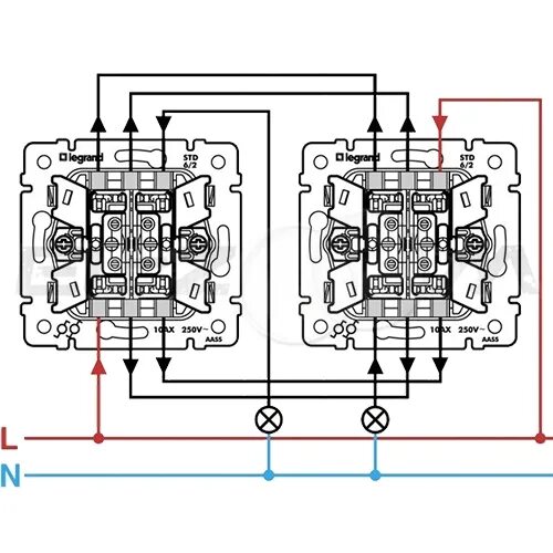 Проходной перекрестный двухклавишный выключатель схема подключения Выключатель 2-клавишный проходной Legrand Valena белый 10АX Купить в интернет-ма