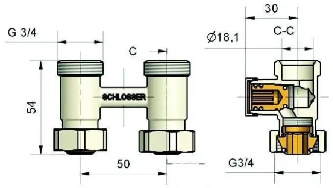 Проходной узел подключения радиатора Вентиль терморегулирующий угловой 1/2" в/н Schlosser Standard 601200005 купить п