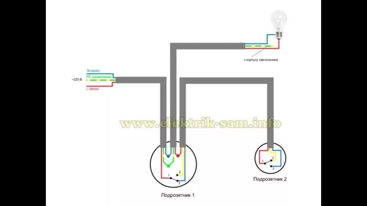Проходной выключатель двухклавишный подключение в распределительной коробке Проходные выключатели - схема без ответвительной коробки - YouTube