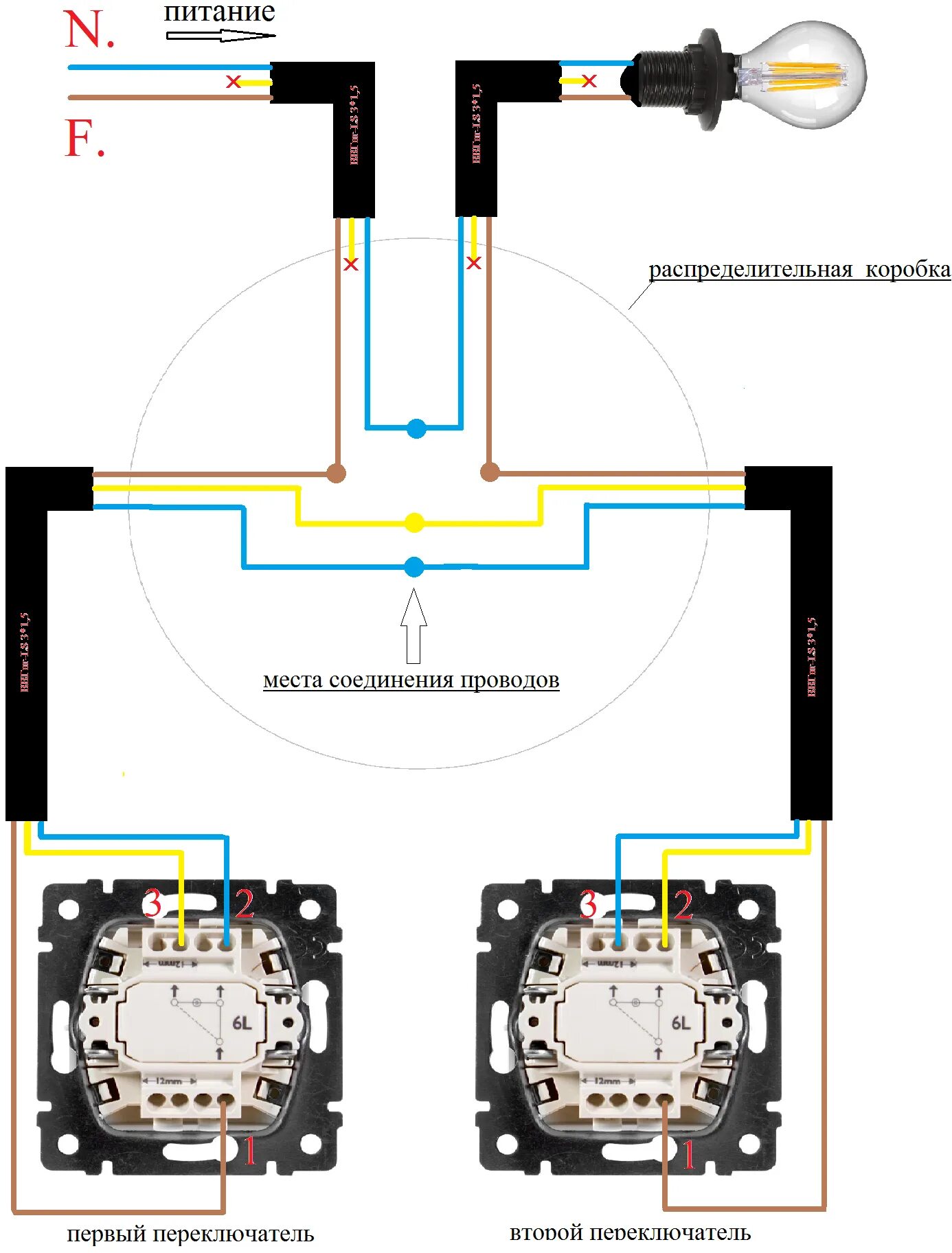 Проходной выключатель двухклавишный подключение в распределительной коробке Схема подключения проходного выключателя: Инструкция
