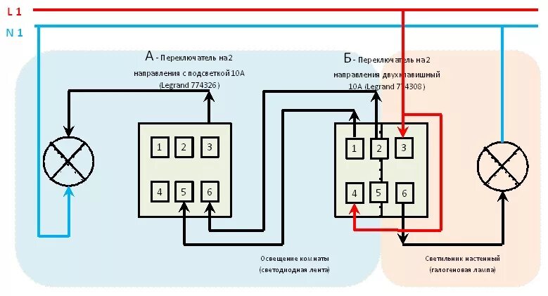 Проходной выключатель двухклавишный схема подключения на 2 Схема проходного выключателя с 2 мест на лампочки HeatProf.ru