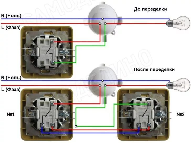 Проходной выключатель одноклавишный схема подключения фото Виды проходных выключателей фото - DelaDom.ru