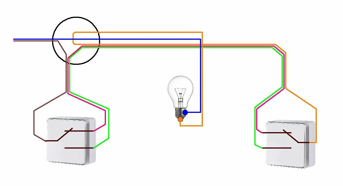 Проходной выключатель подключение на 2 лампы Как управлять светом из двух, трёх мест и больше (схемы и фото) Лампа Электрика 