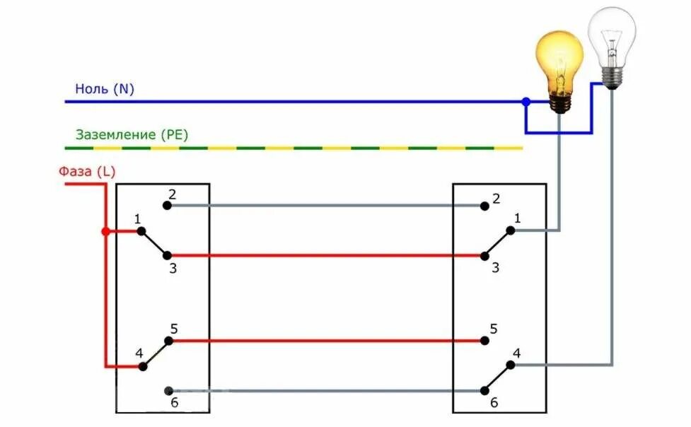 Проходной выключатель подключение на 2 лампы Схема проходного двухклавишного выключателя с двух мест