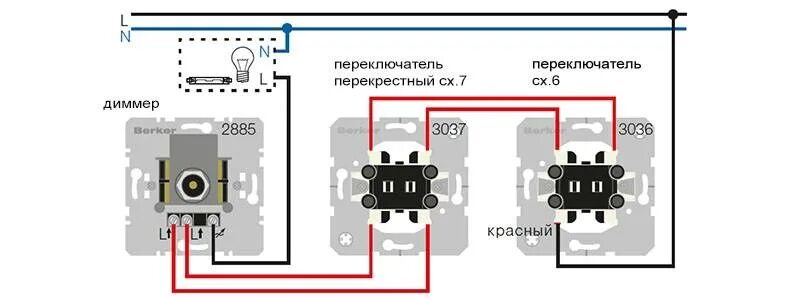 Проходной выключатель с диммером схема подключения Проходной диммер (перекрестный): схема подключения и особенности использования