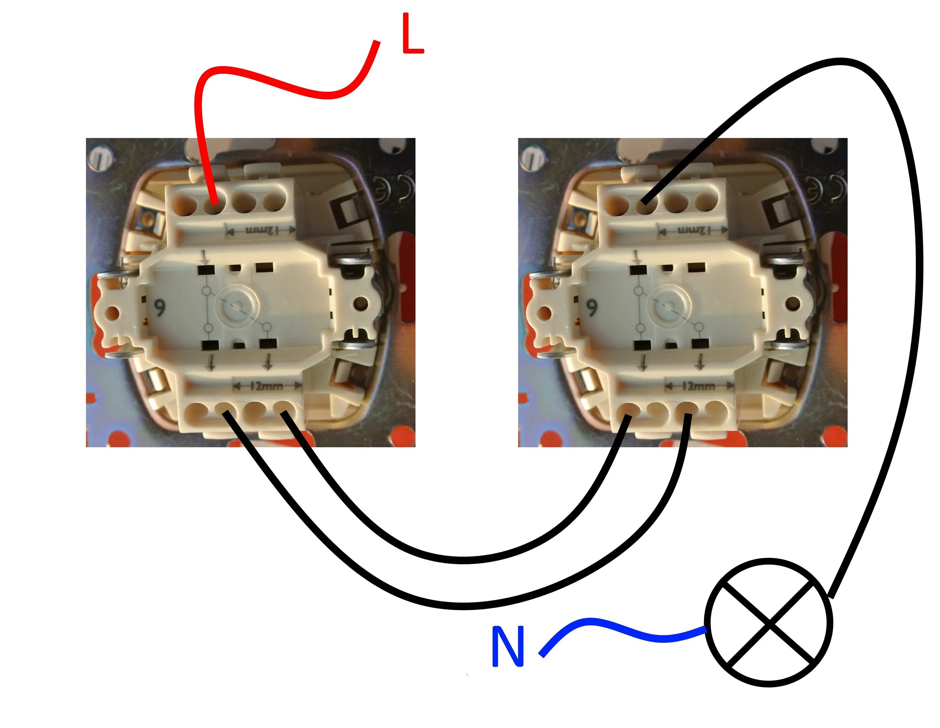 Проходной выключатель схема подключения на 2 выключателя Картинки СХЕМА ПРОХОДНОГО ВЫКЛЮЧАТЕЛЯ С ДВУХ