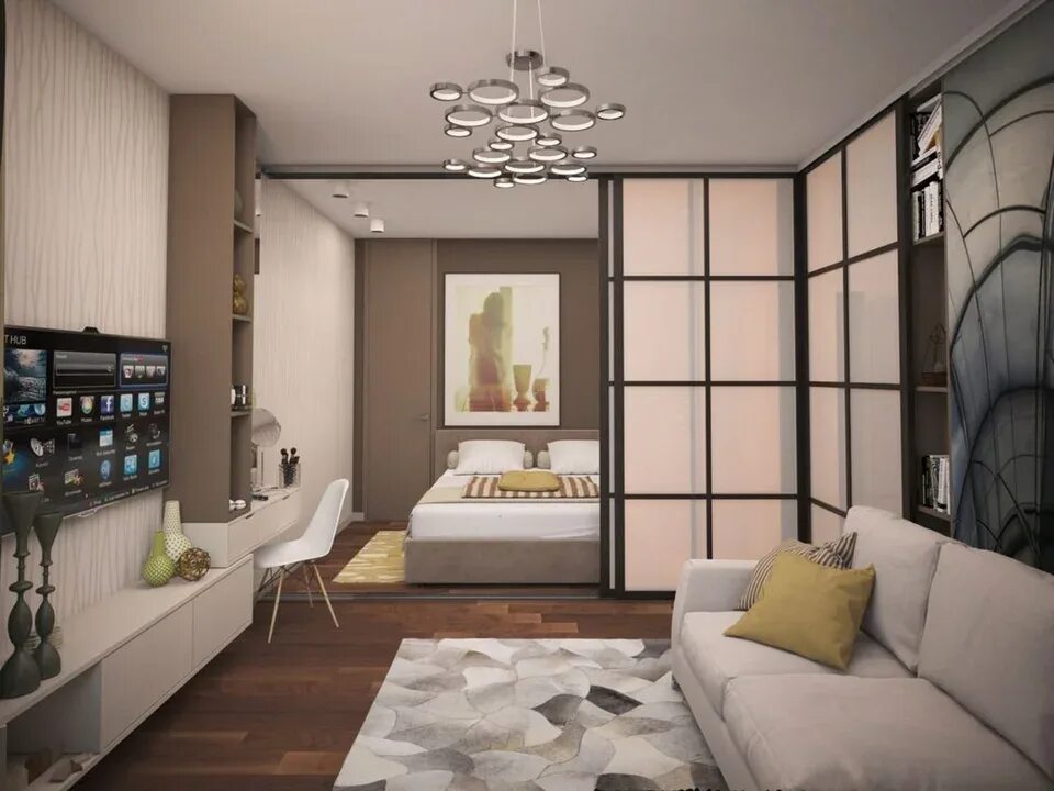 Проходные комнаты дизайн фото Bedroom and living room in one room 13 sq m design (49 Photos)