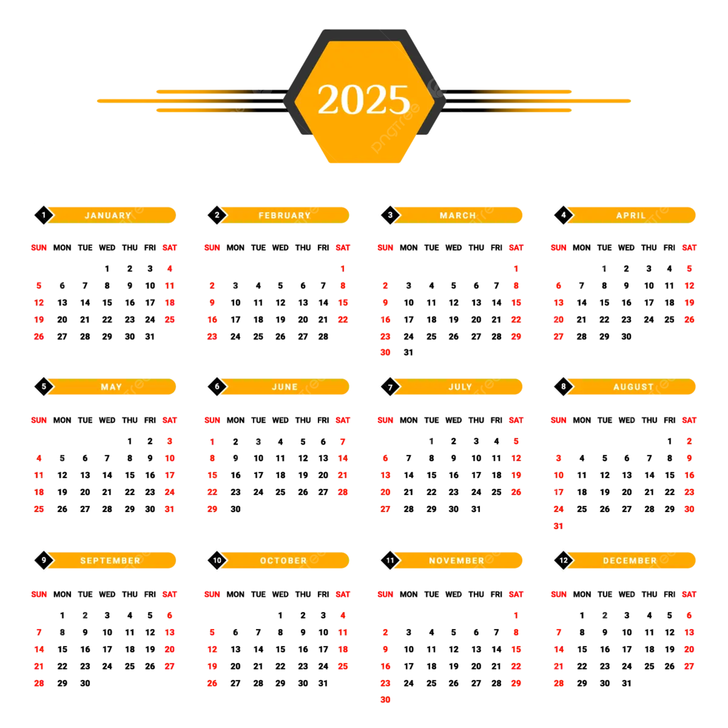 Произв календарь на 2025 год Календарь на 2025 год с желтым и черным вектор PNG , календарь, календарь 2025, 